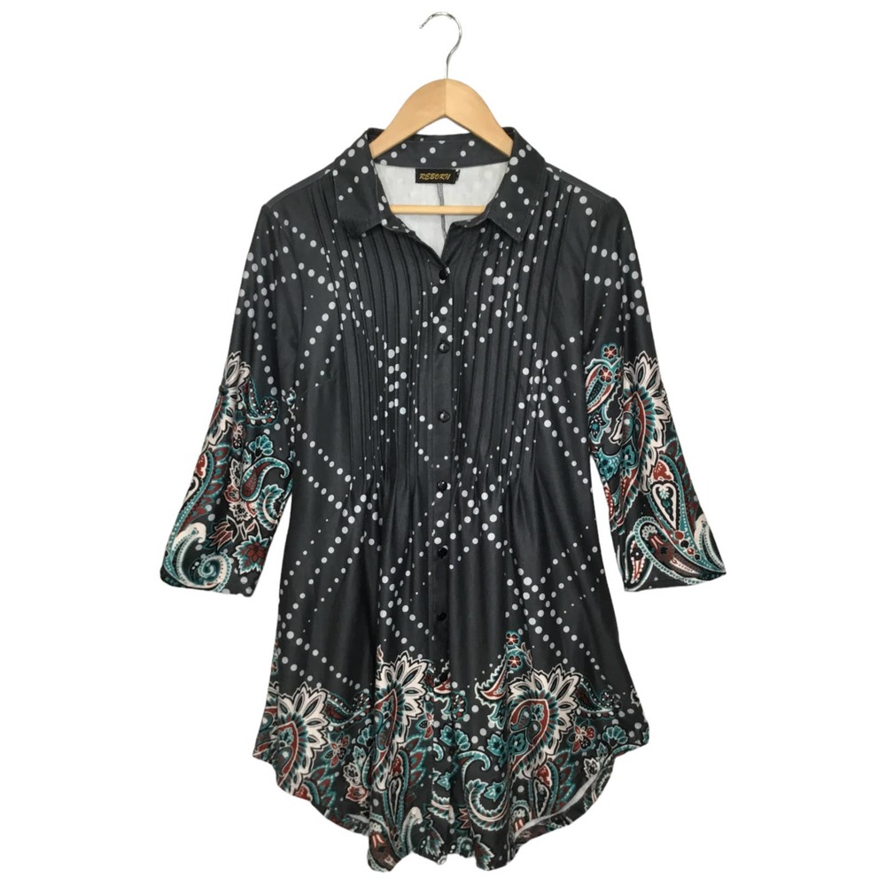 Reborn Pintuck Polka Dot Paisley Western Rodeo Boho Button Up Dress Gray Medium